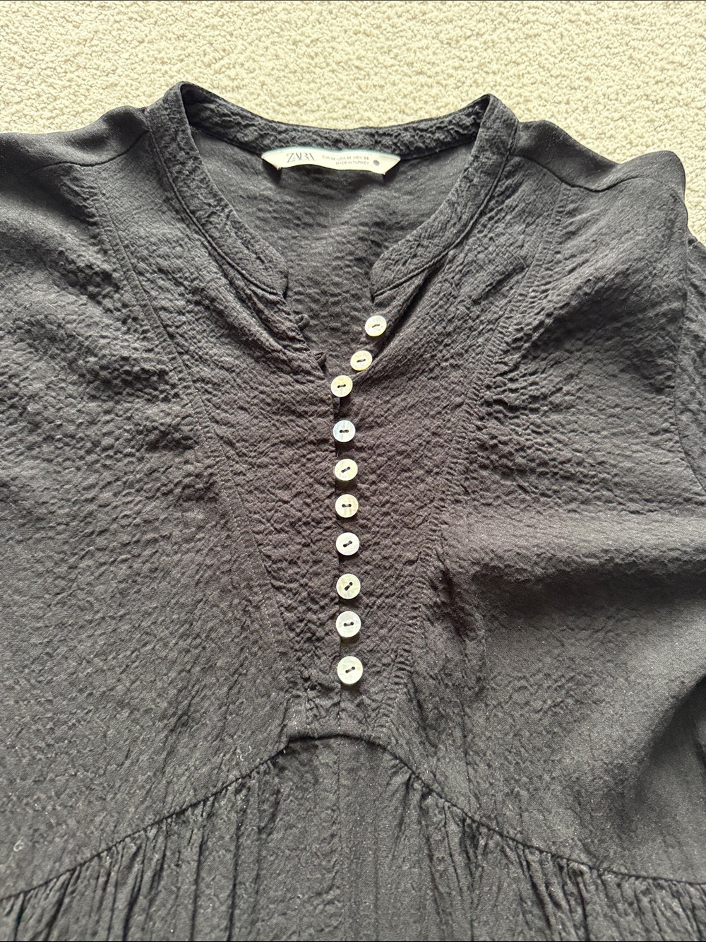 Zara Black Textured Henley-Style Tunic with Button Placket